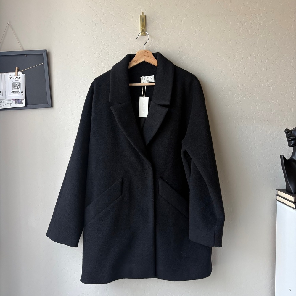 NEW Z Supply Dayton Wool Coat Black Notched Lapel Mid Length Jacket Size S